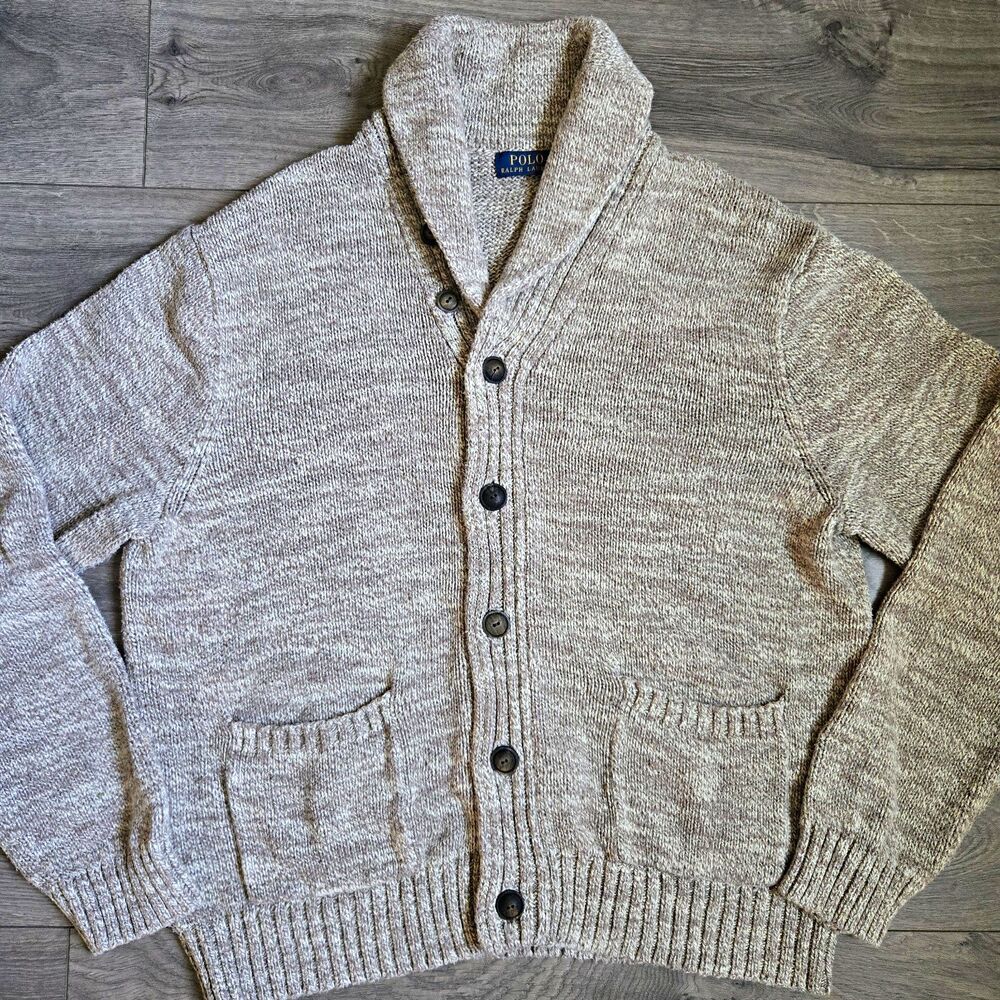 Vintage Polo RL & Co Men's XL Oatmeal Chunky Knit Shawl Collar Cardigan Sweater